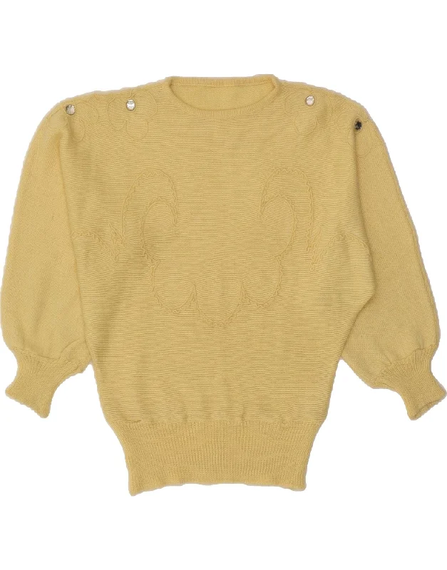VINTAGE Womens 3/4 Sleeve Boat Neck Jumper Sweater UK 14 Large Yellow Wool Cotton Fabric Linen Fabric Terry Fabric