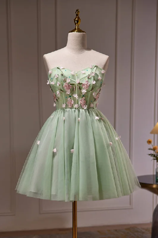 Cute Green Strapless Appliques Tulle Short Homecoming Dresses Tunics Plaid country