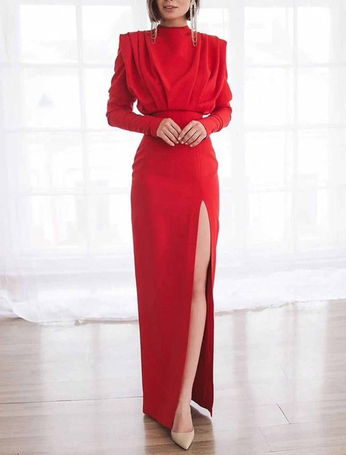 Sheath Evening Gown Elegant Dress Formal Red Green Dress Floor Length Long Sleeve High Neck Stretch Fabric with Ruched Slit Tunics Versatile all-occasion Sheath Evening Gown Elegant Dress Formal Red Green Dress Floor Length Long Sleeve High Neck Stretch Fabric with Ruched Slit Tunics Versatile all-occasion