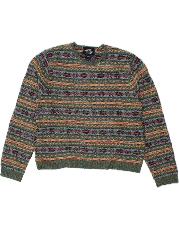 EDDIE BAUER Womens Crew Neck Jumper Sweater UK 16 Large Green Fair Isle Chenille Brocade Lace