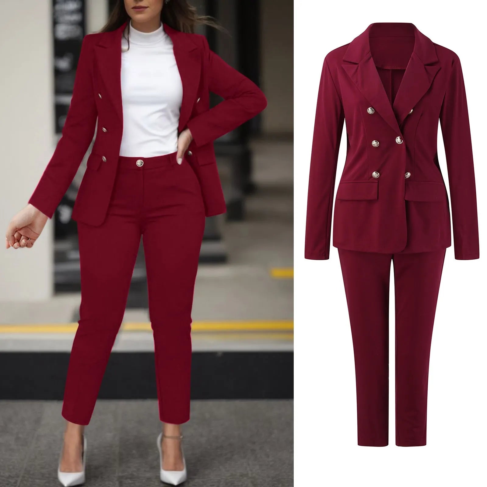 2023 Women's Two Pieces Pant Sets Formal Business Double Breasted Blazers Jacket And Pants 2 Piece Set Elegant Ladies Pant Suits Elasticated Jacket Padded Jacket Insulated Jacket