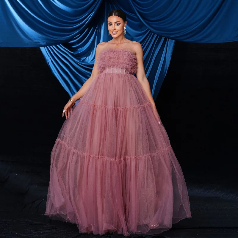 Off Shoulder Backless Tulle Evening Pink Dress Tunics Fashionable trendy