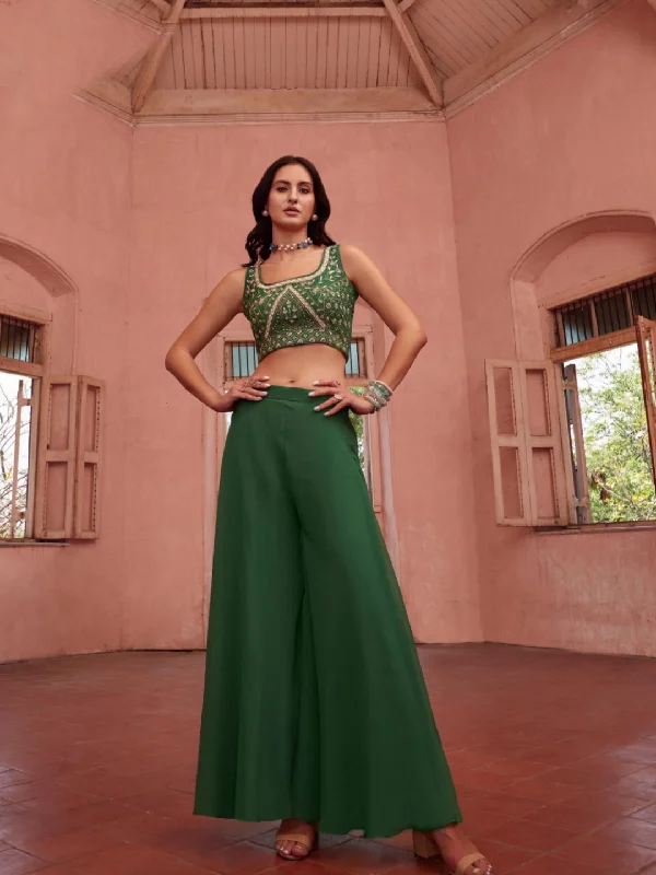 Green Embellished Crop Top And Sharara Set With Jacket- Rent Rayon Fabric Velvet Fabric Corduroy Fabric