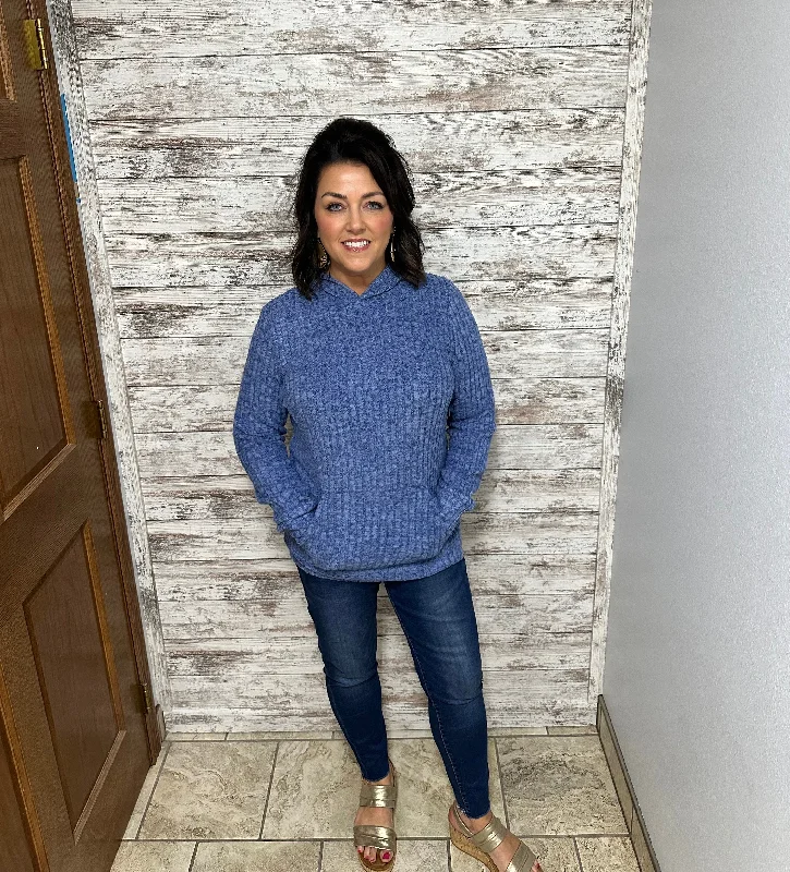 Blue Skyline Ribbed Long Sleeve Hoodie Hoodie with Rolled Sleeves Casual Relaxed