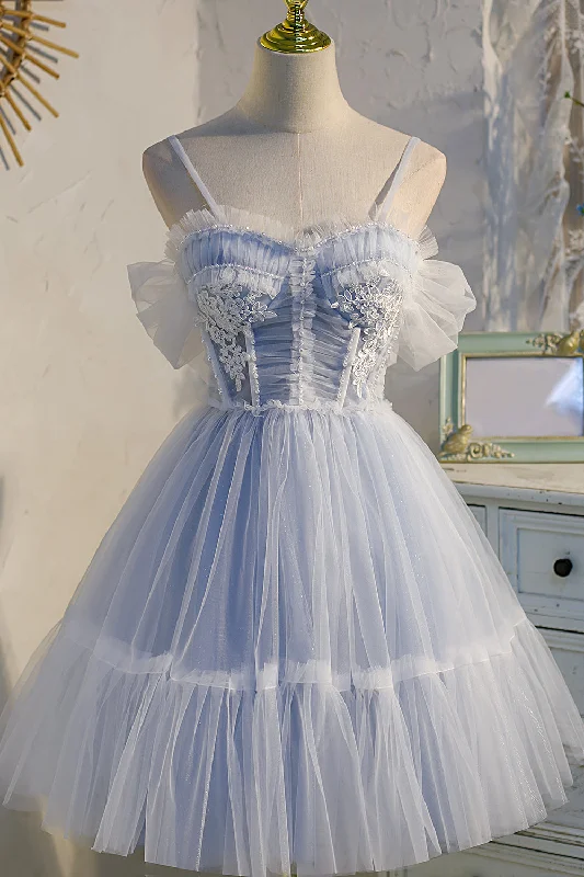 Spaghetti Straps Light Blue Lace Appliques Tulle Princess Homecoming Dresses Tunics Summer linen