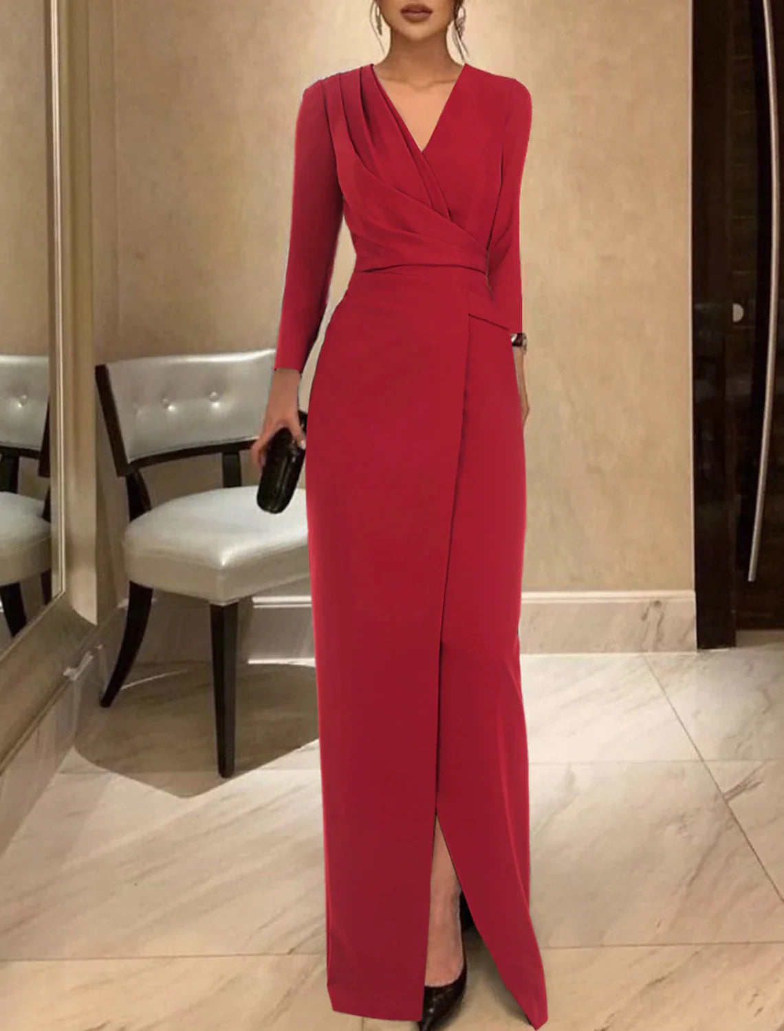 Sheath / Column Evening Gown Elegant Dress Formal Floor Length Long Sleeve V Neck Stretch Fabric with Ruched Tunics Gym athletic Sheath / Column Evening Gown Elegant Dress Formal Floor Length Long Sleeve V Neck Stretch Fabric with Ruched Tunics Gym athletic