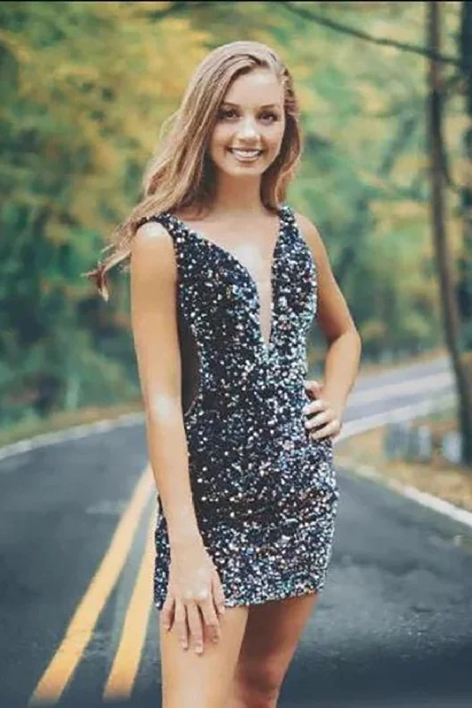 Sparkly V Neck Bodycon Sequins Short Homecoming Dresses Tunics Luxurious high-end