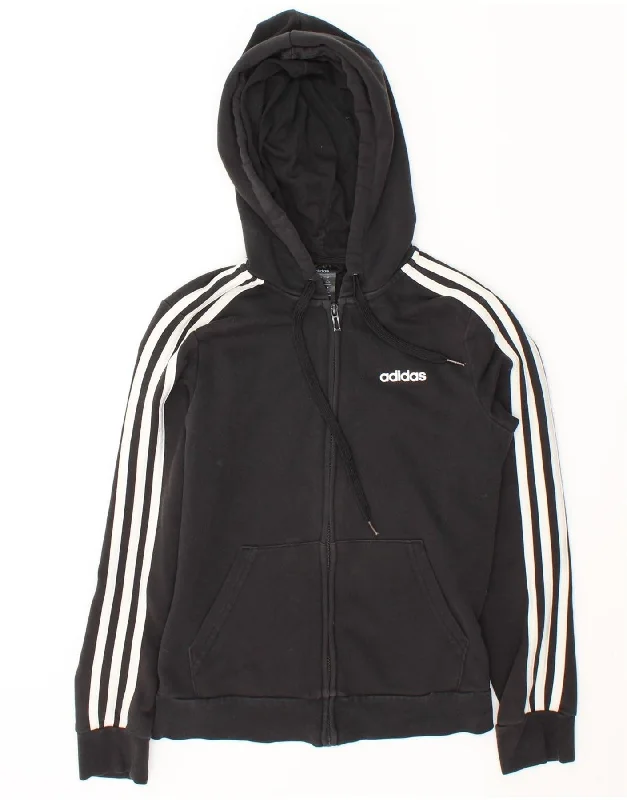 ADIDAS Womens Zip Hoodie Sweater UK 8/10 Small Black Cotton Chenille Blend Fleece Blend Nylon Blend