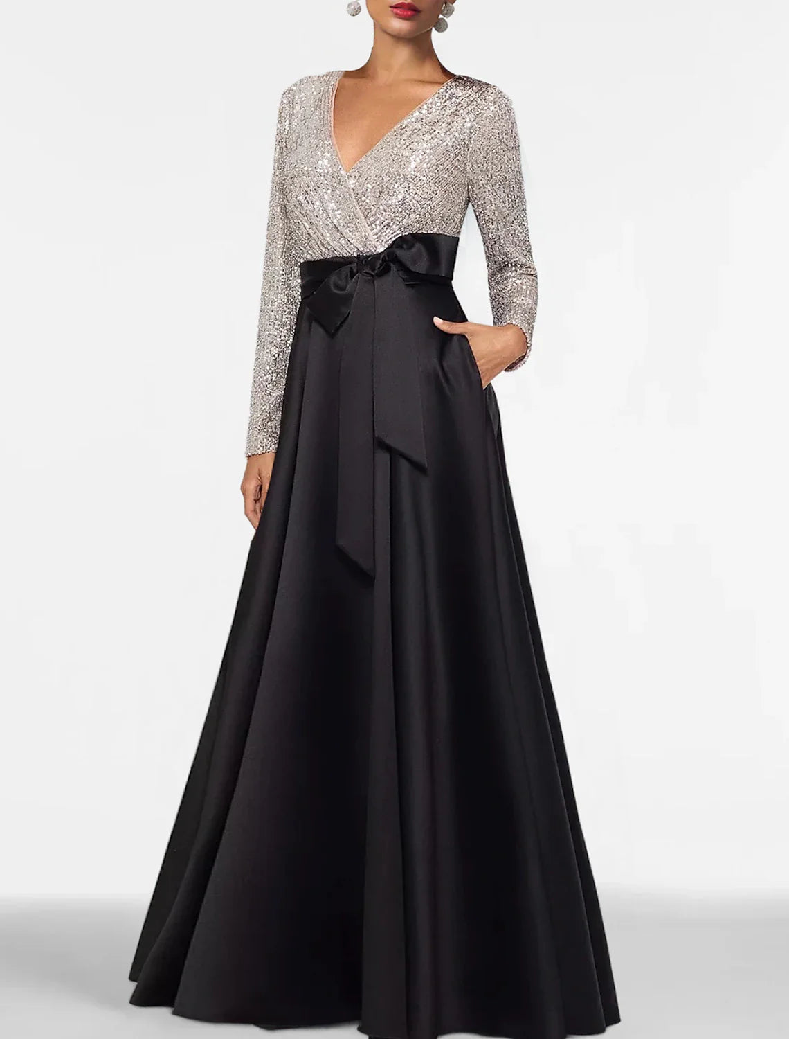 A-Line Evening Gown Elegant Dress Formal Floor Length Long Sleeve V Neck Fall Wedding Guest Satin with Sequin Pocket Crew Neckline Casual