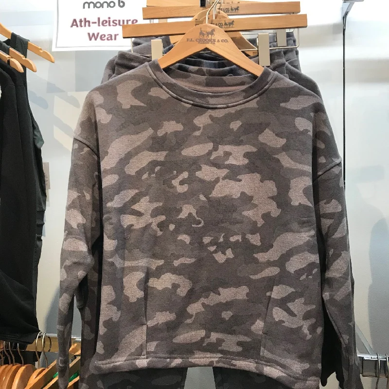 Women's Mono B | Grey Camo Pullover Sweatshirt | Camo Print Hoodie with Rolled Sleeves Casual Relaxed