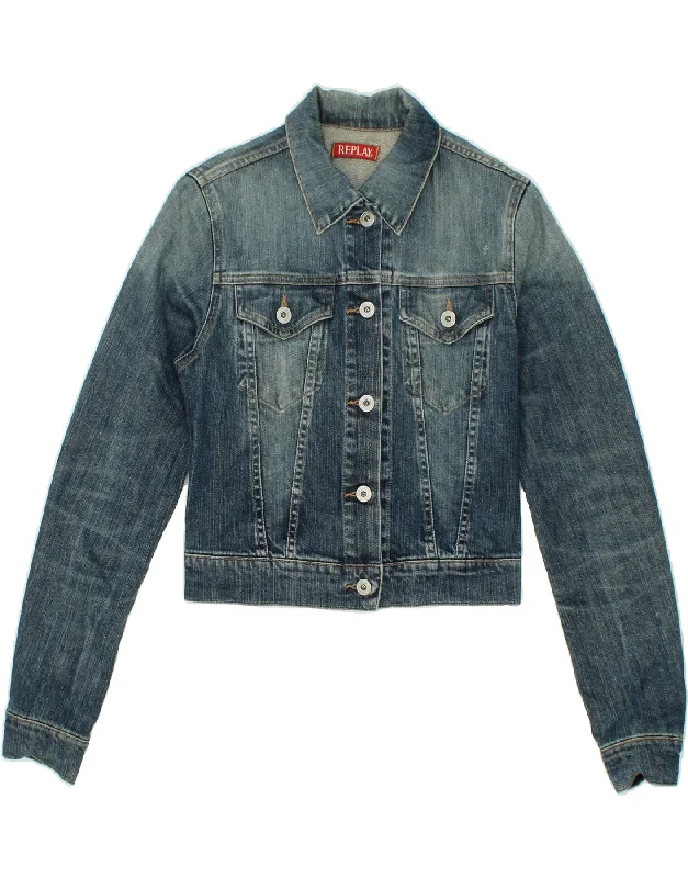 REPLAY Womens Crop Denim Jacket UK 8 Small Blue Denim Jacket Leather Jacket Suede Jacket