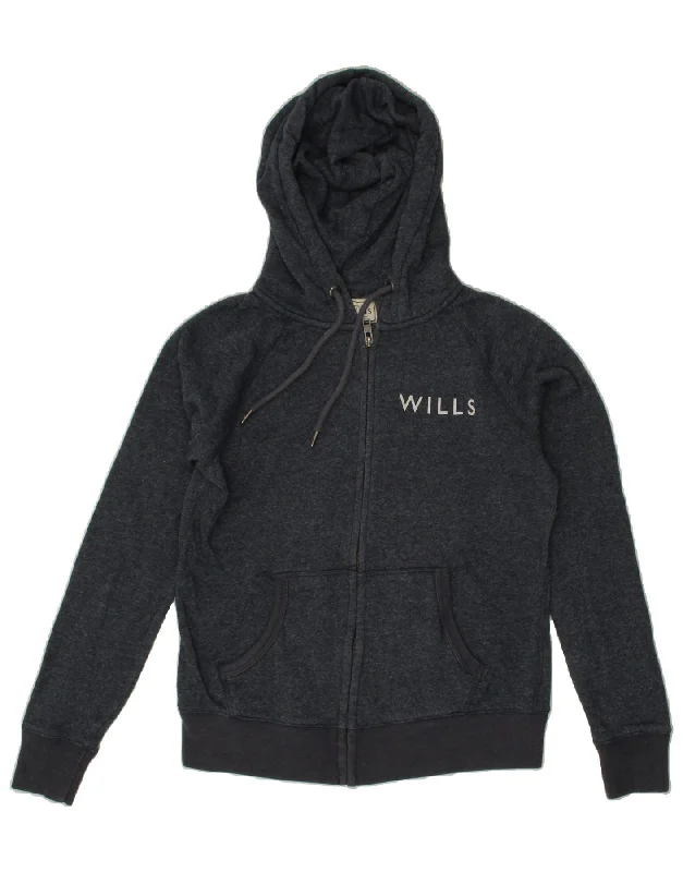 JACK WILLS Womens Graphic Zip Hoodie Sweater UK 10 Small Blue Polyester Oversized Loose Flowy