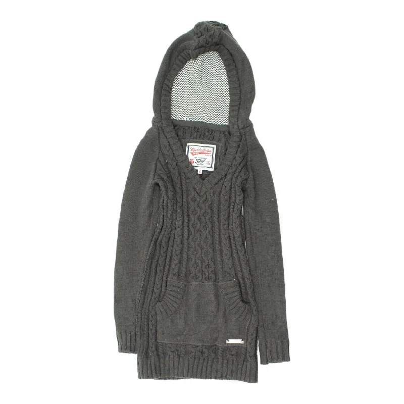 Superdry Womens Grey Knit V Neck Jumper Dress | Vintage Designer Sweater VTG Mesh Fabric Canvas Fabric Denim Fabric