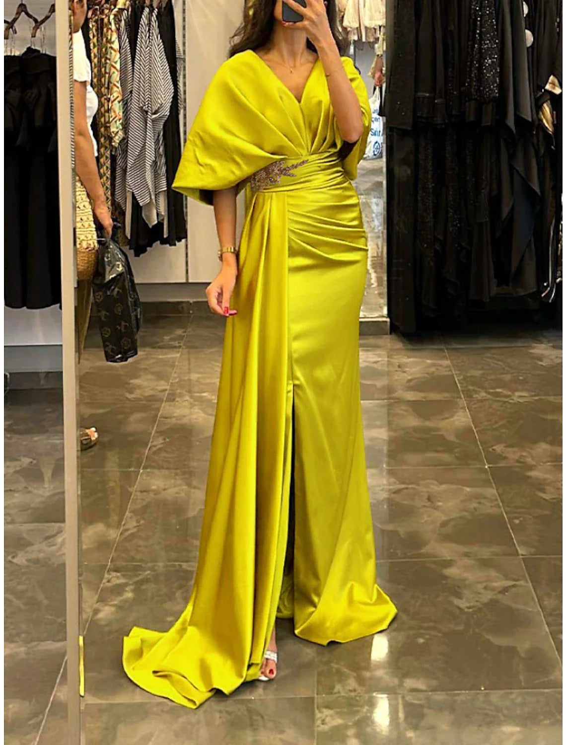 Sheath / Column Evening Gown Elegant Dress Formal Sweep / Brush Train Half Sleeve V Neck Satin with Pleats Ruched Crystals Tunics Cozy comfortable Sheath / Column Evening Gown Elegant Dress Formal Sweep / Brush Train Half Sleeve V Neck Satin with Pleats Ruched Crystals Tunics Cozy comfortable