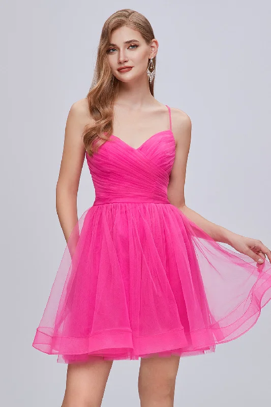 Cute Hot Pink Spaghetti Strap V Neck Tulle Homecoming Dresses Crew Neckline Sporty