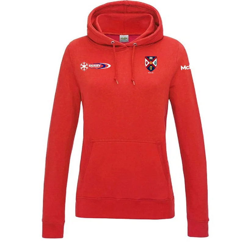 Mc Keever Queens Hurling College Hoodie - Womens - Fire Red Hoodie with Pastel Soft Subtle