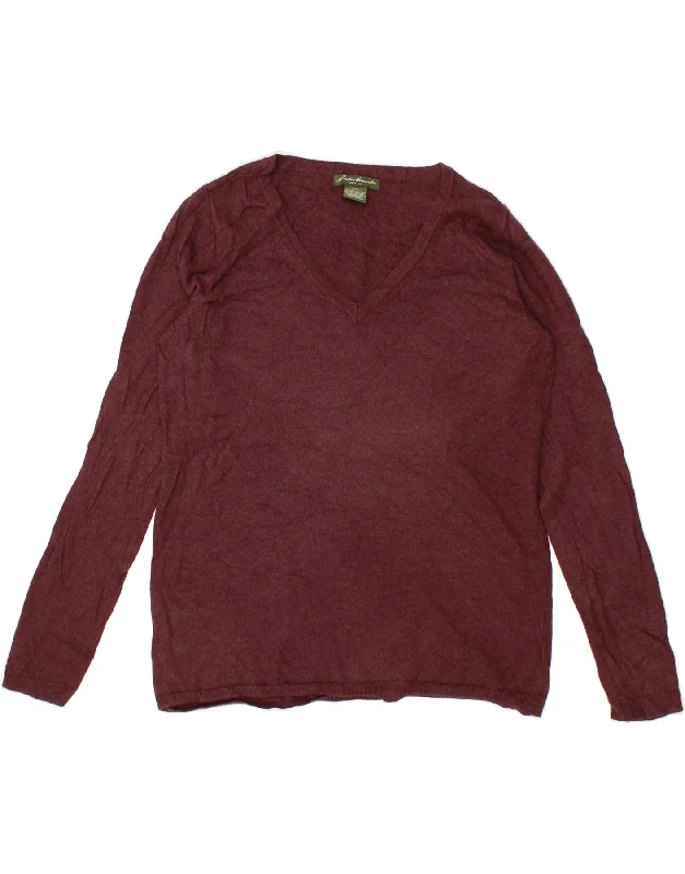 EDDIE BAUER Womens V-Neck Jumper Sweater UK 16 Large Burgundy Cotton Chenille Blend Fleece Blend Nylon Blend