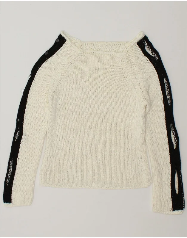 VINTAGE Womens Boat Neck Jumper Sweater UK 10 Small White Colourblock Terry Blend Velvet Blend Canvas Blend