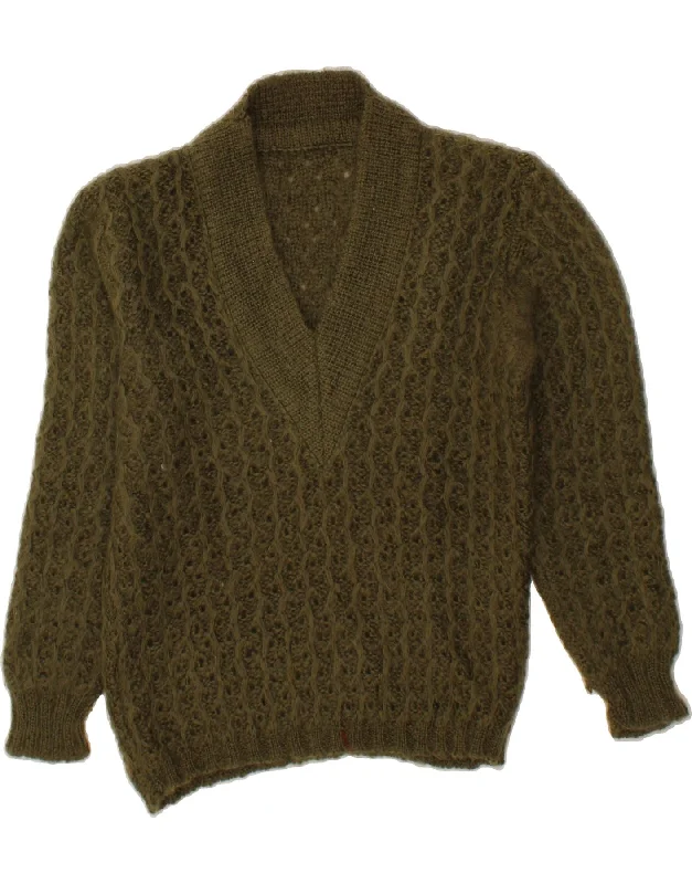 VINTAGE Womens V-Neck Jumper Sweater UK 16 Large Khaki Mesh Sweater Canvas Denim