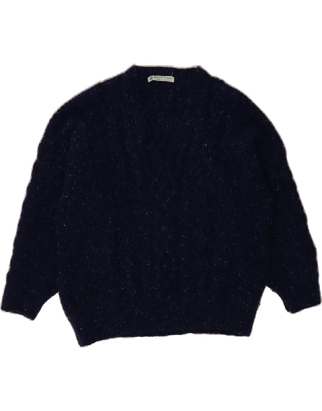 VINTAGE Womens V-Neck Jumper Sweater UK 18 XL Navy Blue Flecked Wool Iron Safe Non-Iron Wrinkle Free