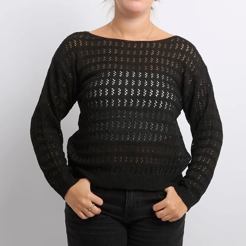 Slat Knit Wide Neck Sweater - UK 14 Satin Blend Silk Blend Wool Blend