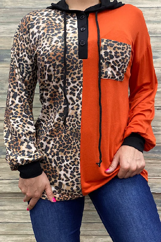 GJQ11320 Orange & leopard hoodie sweater Hoodie with Hem Elastic Stretchable Comfortable