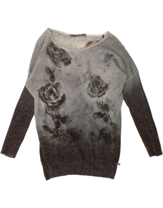 GUESS Womens Boat Neck Jumper Sweater UK 16 Large Grey Floral Solid Print Embellished