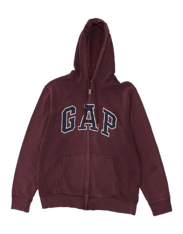 GAP Womens Graphic Zip Hoodie Sweater UK 14 Medium Maroon Cotton Notch Collar Peter Pan Collar Cowl Neck