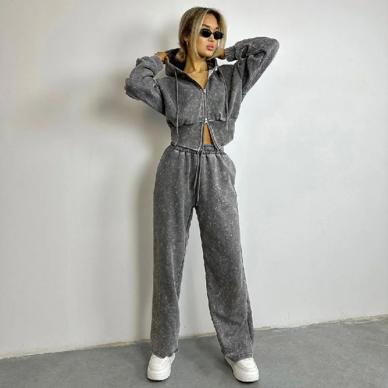 Distressed Hooded Sweater Set Women Herringbone Houndstooth Plaid