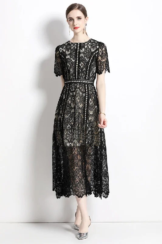 Short Sleeve O Neck A-Line Long Black Dress Tunics Essential wardrobe