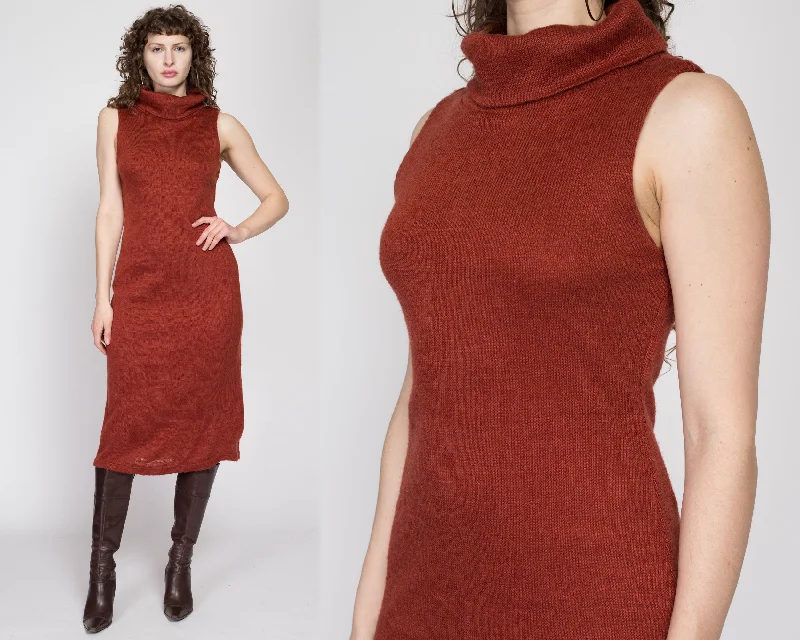 Medium 80s Burnt Orange Knit Turtleneck Sweater Dress Spandex Rayon Corduroy