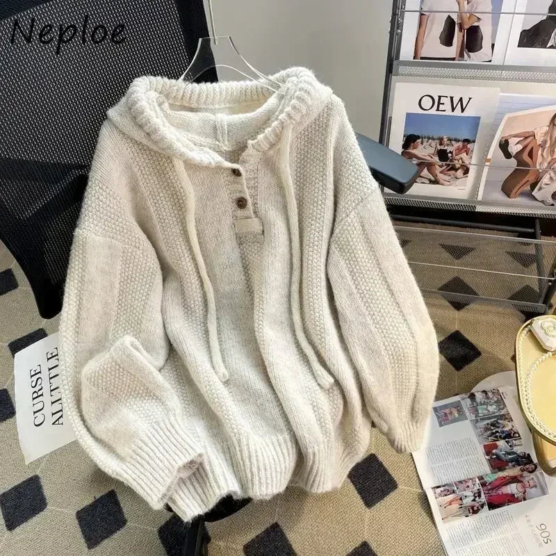 Neploe Simple Lazy Loose Drawstring Hoodie Sweatshirt Women Autumn Winter New Knitted Tops Y2k Long Sleeve Sweaters Mujer Lace Blend Ribbed Blend Corduroy Blend