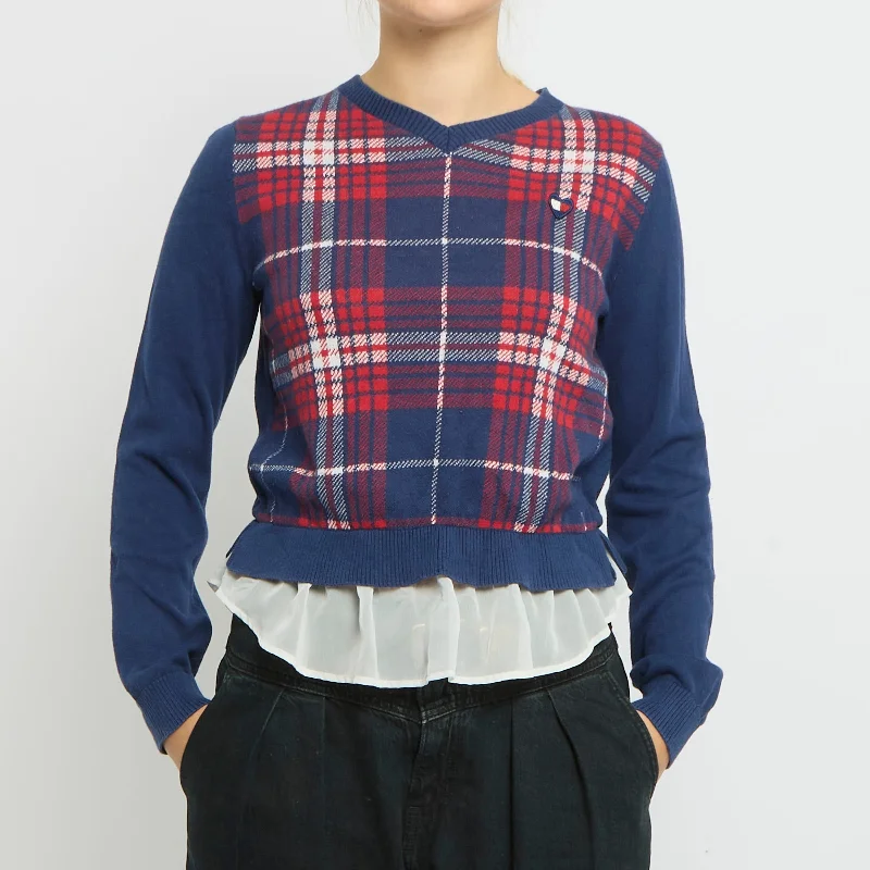 Tommy Hilfiger Tartan  Chiffon Hem Detail Sweater-UK 12 Front Pockets Side Pockets Patch Pockets