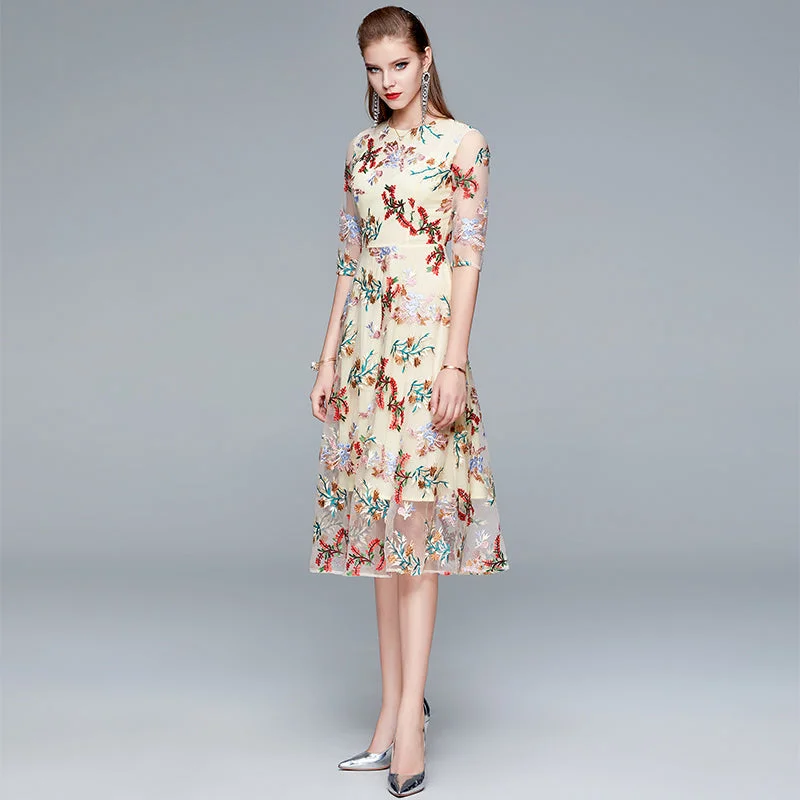 Beige Round Neck Half Sleeve A Line Floral Embroidered Slim Dress Tunics Exclusive limited Beige Round Neck Half Sleeve A Line Floral Embroidered Slim Dress Tunics Exclusive limited