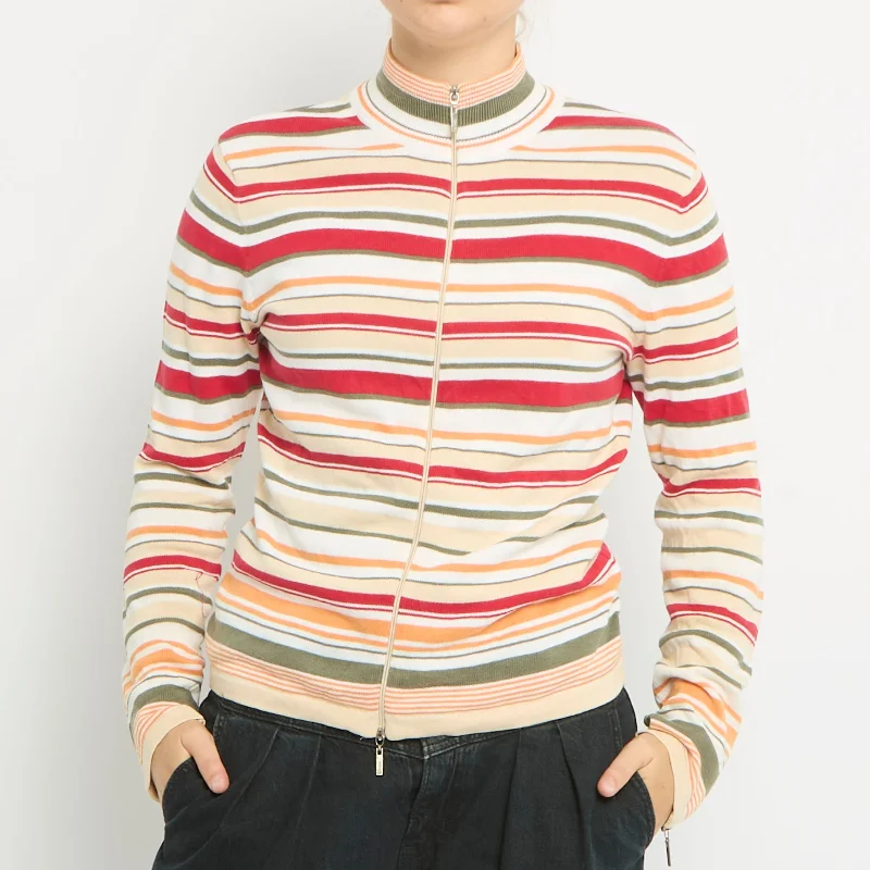 Duo Zip Polo Neck Striped Sweater- UK 8 Casual Formal Business