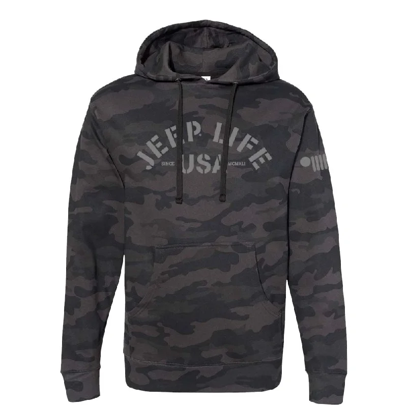 Mens/Unisex Jeep® Life USA Hoodie - Black Camo Cotton Hoodie Fleece Lining Warmth