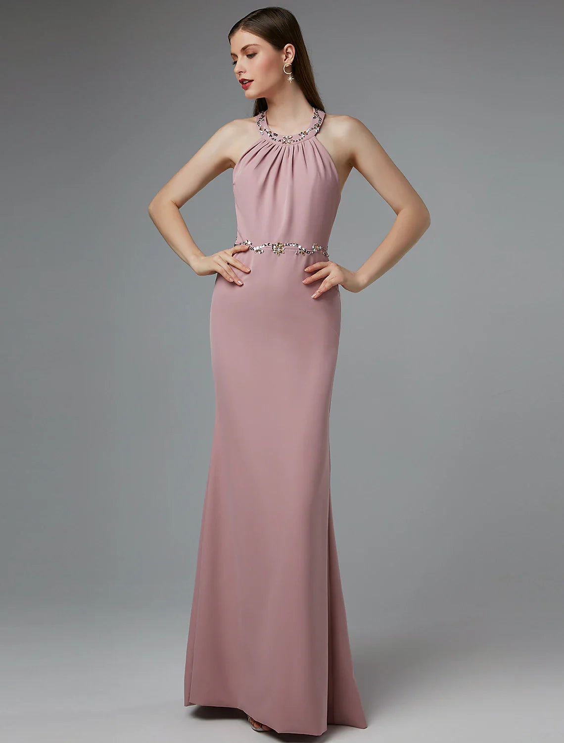 Sheath / Column Beautiful Back Dress Wedding Guest Prom Floor Length Sleeveless Halter Neck Spandex Crisscross Back with Beading Tunics Cozy soft