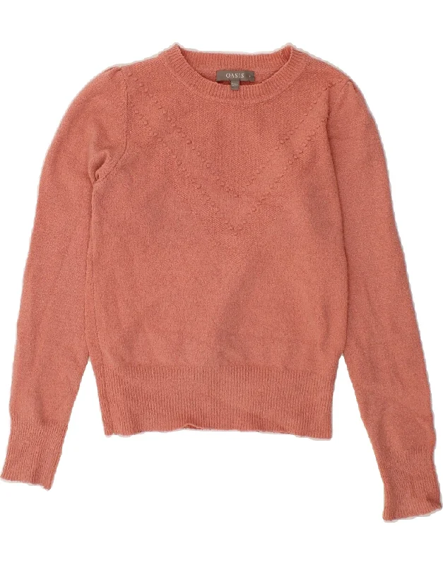 OASIS Womens Crew Neck Jumper Sweater UK 10 Small Pink Polyester Herringbone Houndstooth Plaid