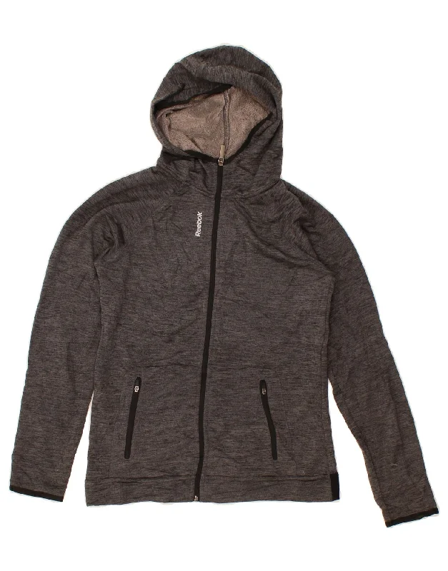 REEBOK Womens Zip Hoodie Sweater UK 10 Small Grey Polyester Chenille Blend Fleece Blend Nylon Blend REEBOK Womens Zip Hoodie Sweater UK 10 Small Grey Polyester Chenille Blend Fleece Blend Nylon Blend