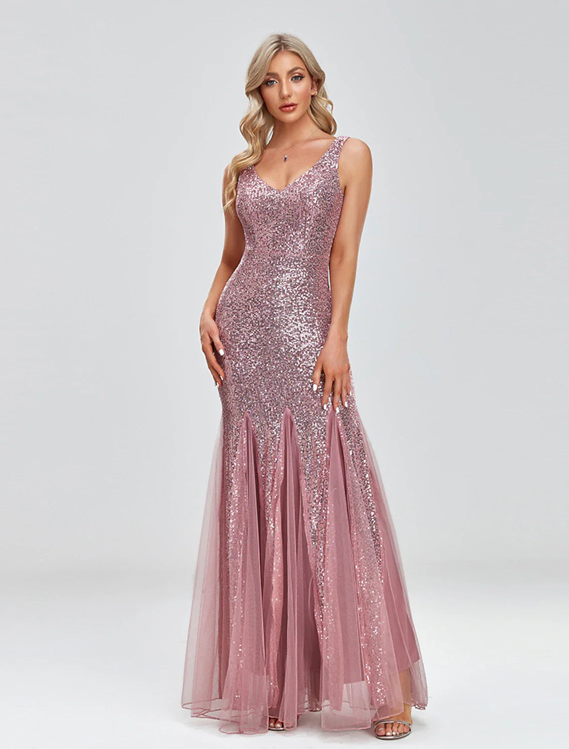 Mermaid / Trumpet Evening Gown Sparkle Dress Wedding Guest Formal Evening Floor Length Sleeveless V Neck Tulle V Back with Sequin Splicing Tunics Luxurious high-end