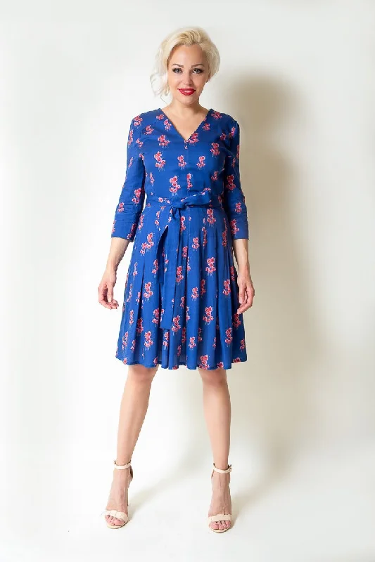 Blue Cotton Printed Dress Cowl Neckline Elegant