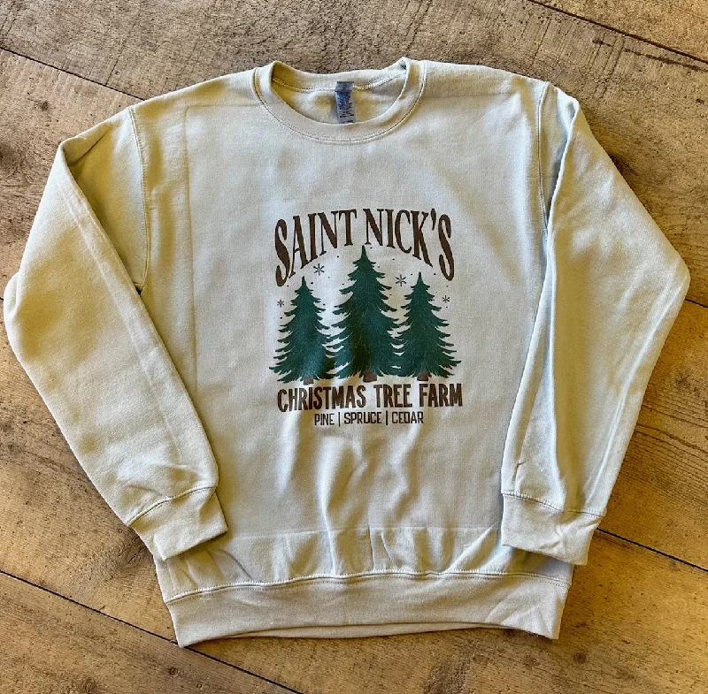St. Nicks Christmas Tree Farm Graphic Sweatshirt Hoodie with Front Slit Layering Stylish