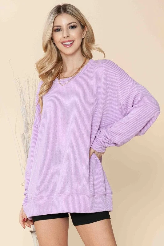 Tirelessly Trendy Lavender Ribbed Oversize Sweatshirt (Size L/XL) Hoodie with Hem Lace Feminine Delicate