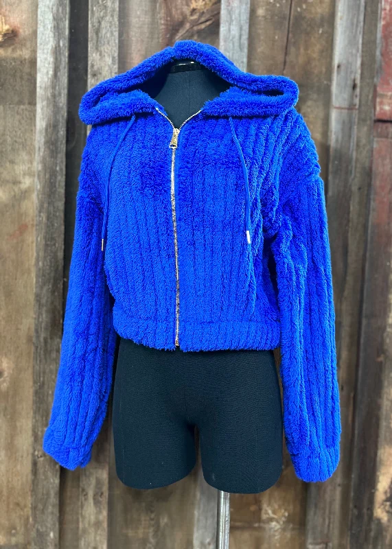 Blue Zip Up Sweater with Hood Zippered Front Buttoned Front Snap Front