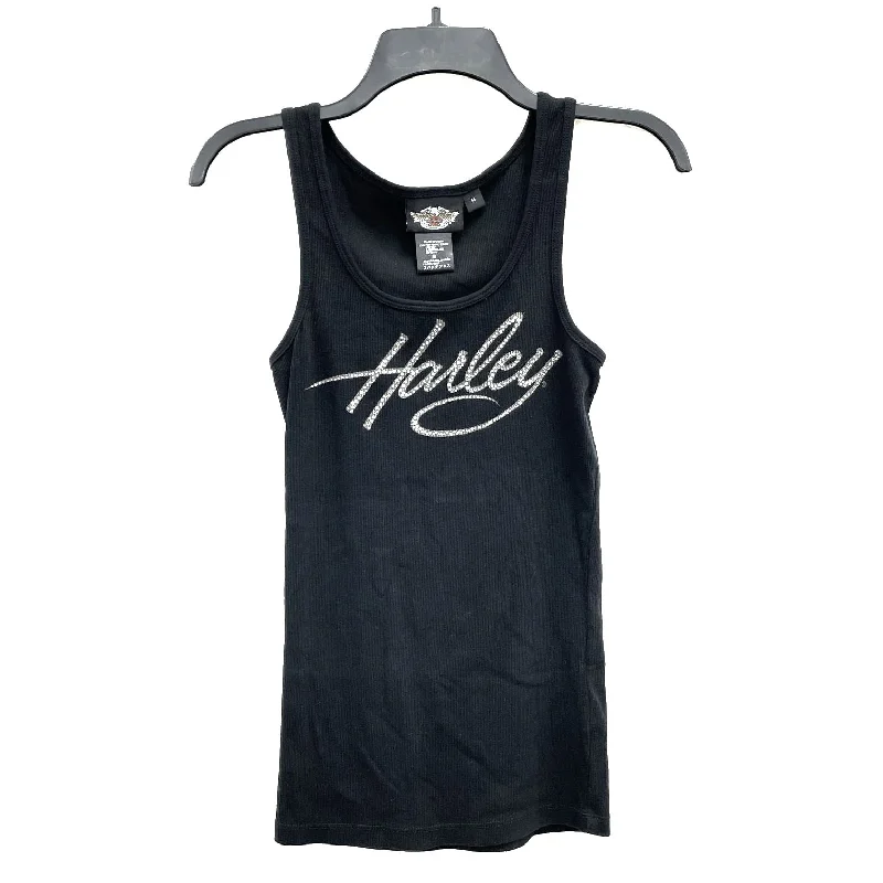 Wmns Y2k HARLEY DAVIDSON Black Ribbed Rhinestone Cursive Logo Tank Top Sz M metallic tank top