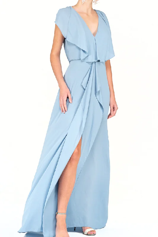 BCBG Maxazria - Cap Sleeve V-neck Ruffle Accent Long Dress Tunics Evening elegant