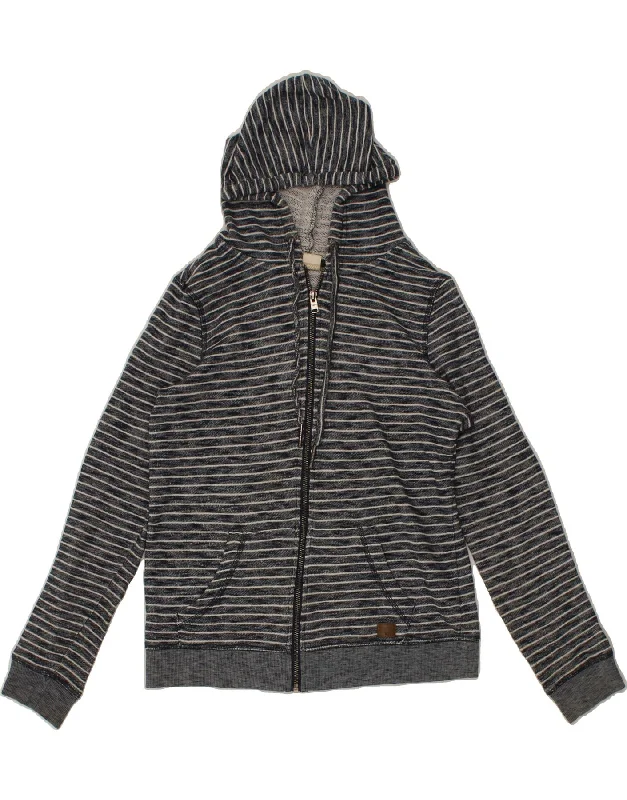 ROXY Womens Zip Hoodie Sweater UK 12 Medium Navy Blue Striped Cotton Zippered Buttoned Snapped