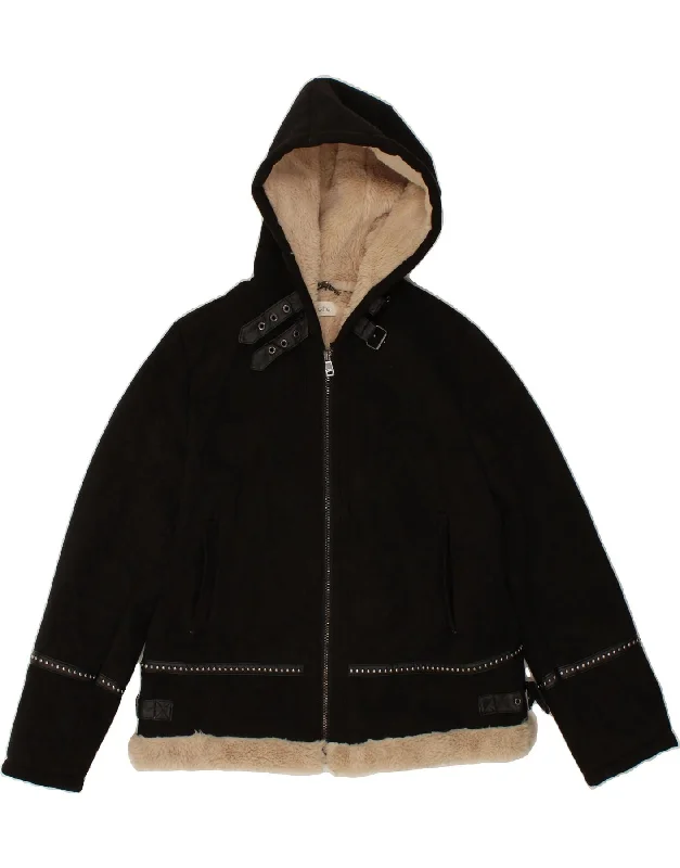 OLTRE Womens Hooded Sherpa Jacket UK 16 Large Black Polyester Print Jacket Jacquard Jacket Embroidered Jacket OLTRE Womens Hooded Sherpa Jacket UK 16 Large Black Polyester Print Jacket Jacquard Jacket Embroidered Jacket