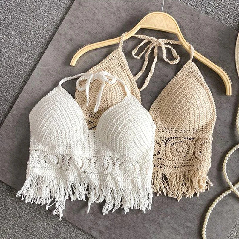 Sexy Boho Beach Holiday Camisole Halter Women Crochet Knit Swimsuit Bra Backless Vest Hollow Tassel Tank Top Women's Crop Tops summer tank top
