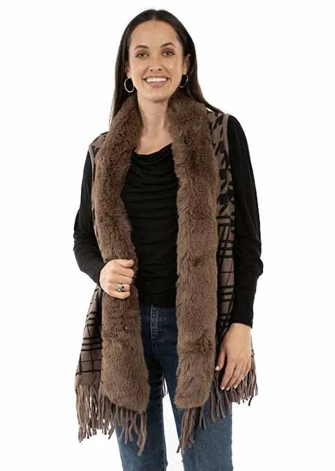 Ladies Sweater Vest w/Faux Fur Trim Mesh Blend Leather Blend Suede Blend